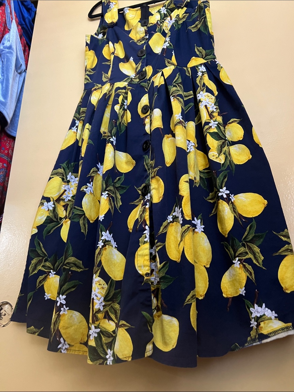 Vintage dress with lemons and blossoms navy blue - Picture 3 of 6